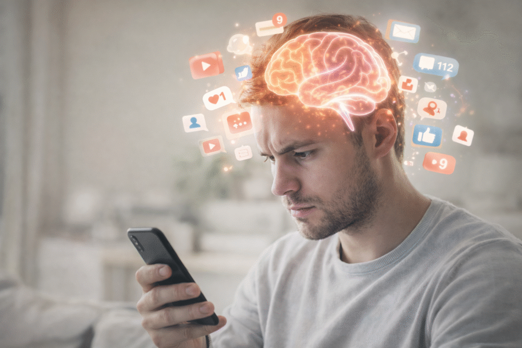 Pessoa olhando para celular cercada por estímulos digitais representando o efeito do brainrot na atenção e na saúde mental