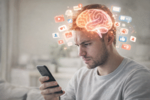 Pessoa olhando para celular cercada por estímulos digitais representando o efeito do brainrot na atenção e na saúde mental